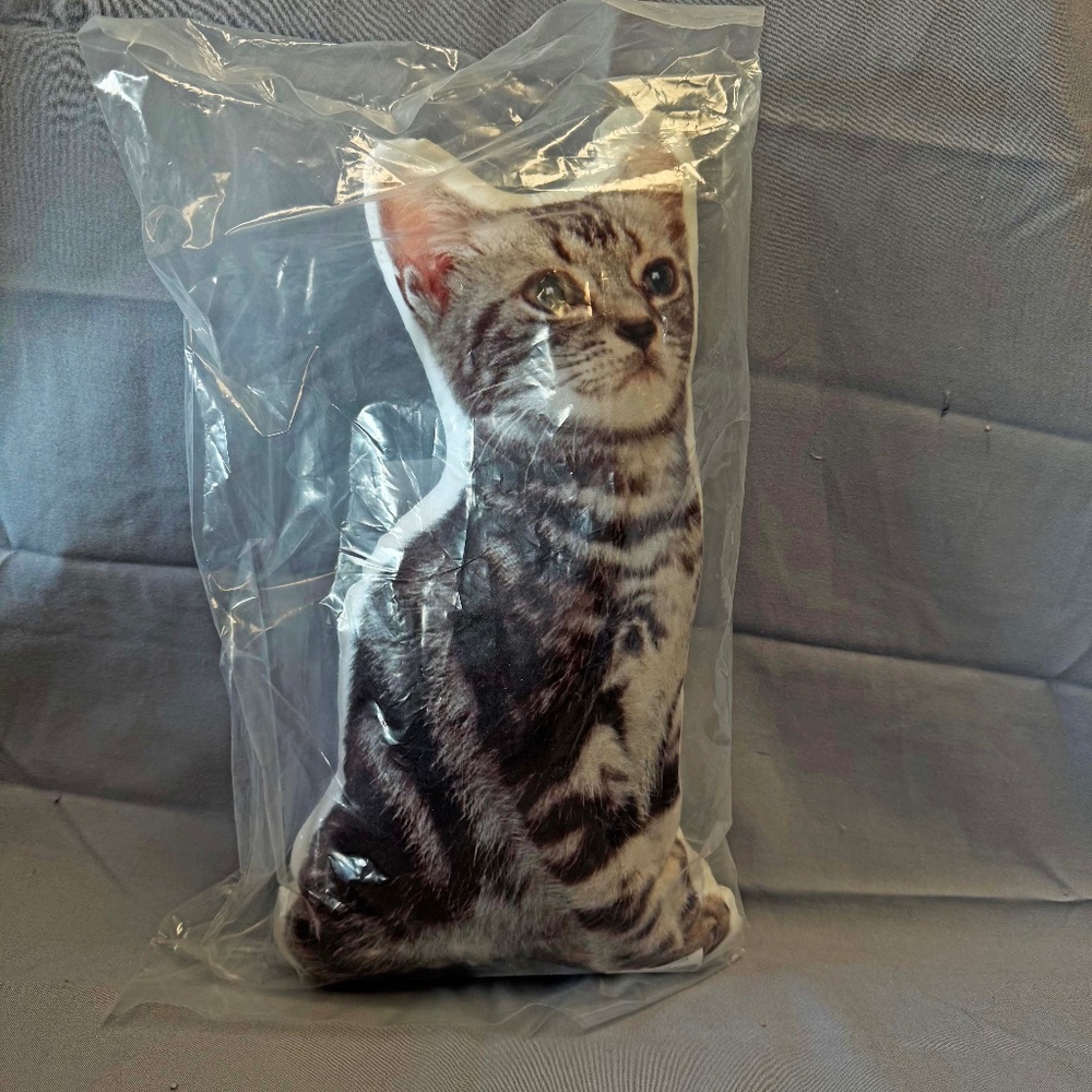 CUSHION, GREY TABBY CAT FRONT AND BACK, 14 X 8 X 4 INCHES, FULL COLOUR, SEALED